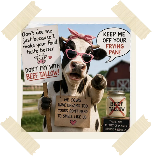 Cartoon cow holding protest signs begging us not to fry with beef tallow, taped to the wood. Sorry, girl.